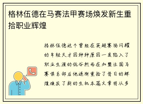 格林伍德在马赛法甲赛场焕发新生重拾职业辉煌