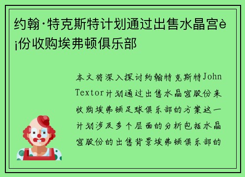 约翰·特克斯特计划通过出售水晶宫股份收购埃弗顿俱乐部
